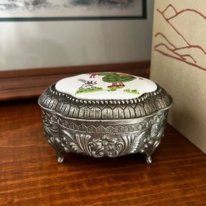 Vintage Footed Metal Trinket Box with Girl and Rabbit